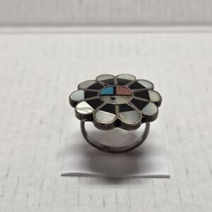 Floral Inlay Ring with Black and White Accents